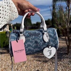 Juicy Couture Blue Monogram Mini Barrel Bag with White Trim and Heart Charm